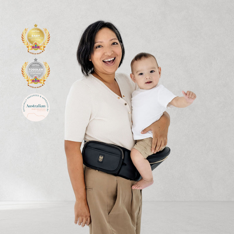 HipSurfer Hip Carrier - Black Vegan Leather (Gold Zip)