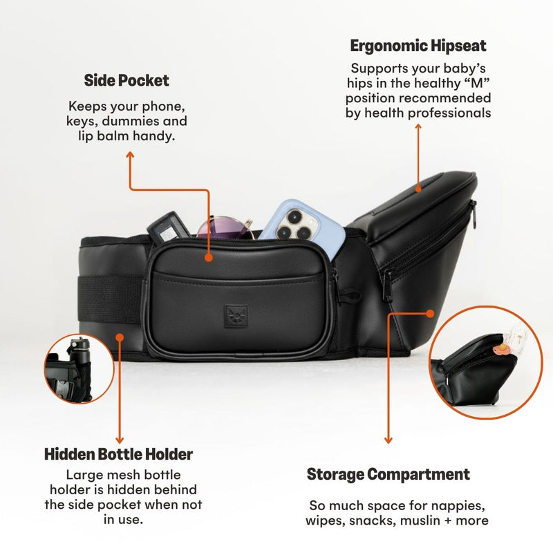 HipSurfer Hip Carrier - Black Vegan Leather (Black Zip)