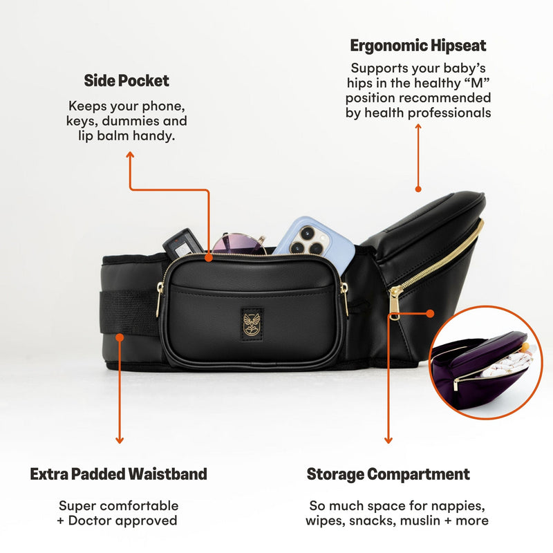 HipSurfer Hip Carrier - Black Vegan Leather (Gold Zip)
